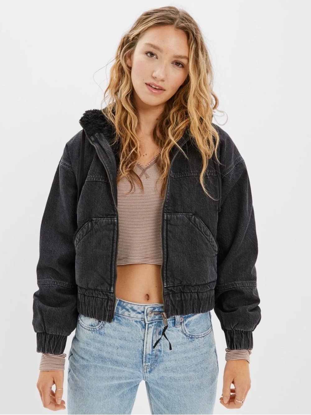 American Eagle Outfitters Cropped Black Sherpa-Lined Jean Jacket